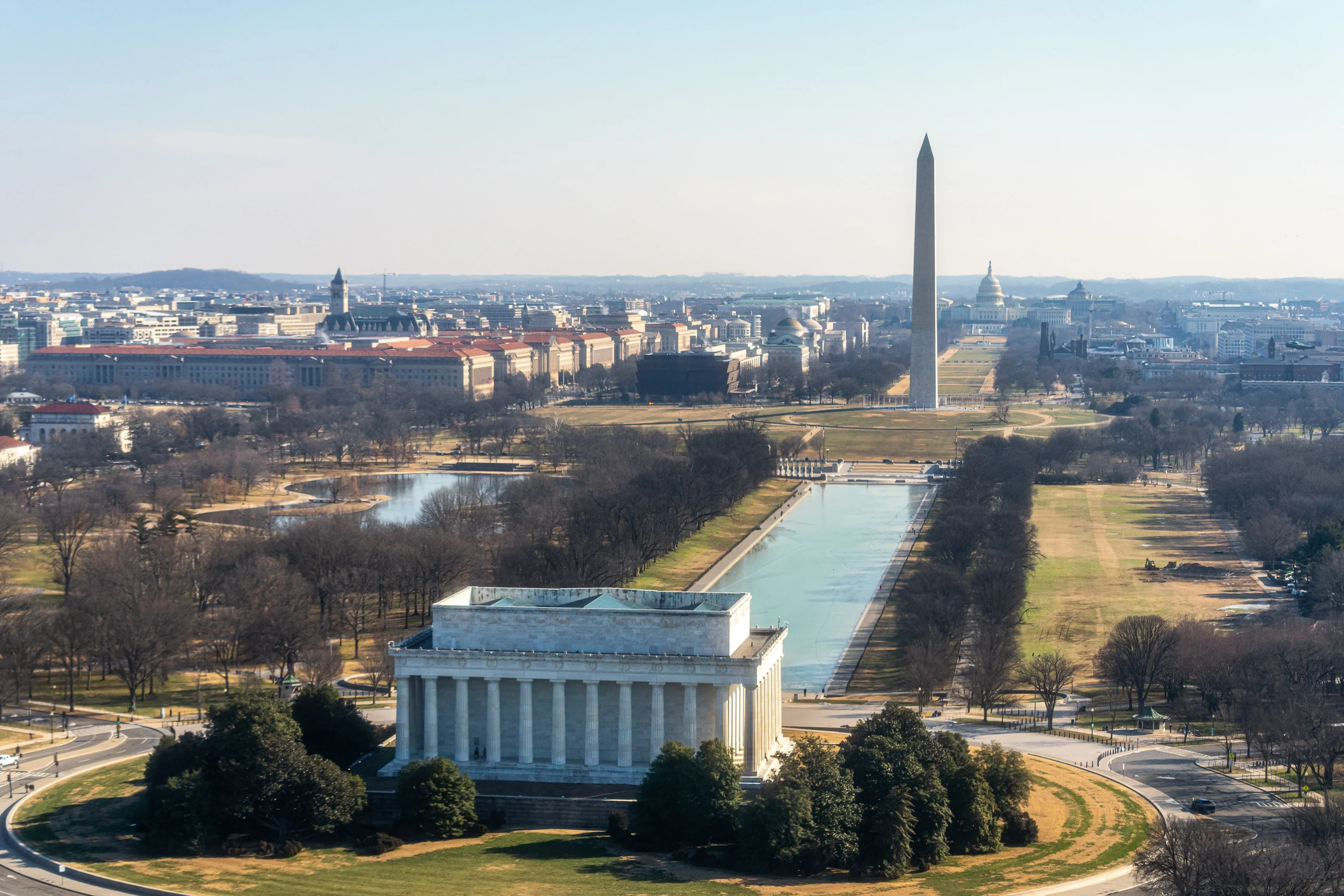 Aerial view of the Lincoln Memorial, Reflecting Pool, and Washington Monument in Washington, D.C.